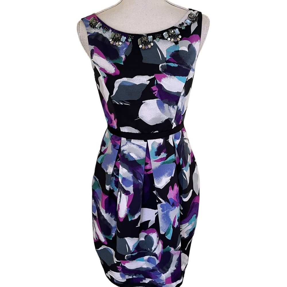 Eliza J. Blue/Purple Grey Abstract Print Rhinestone Embellished Aline Dress